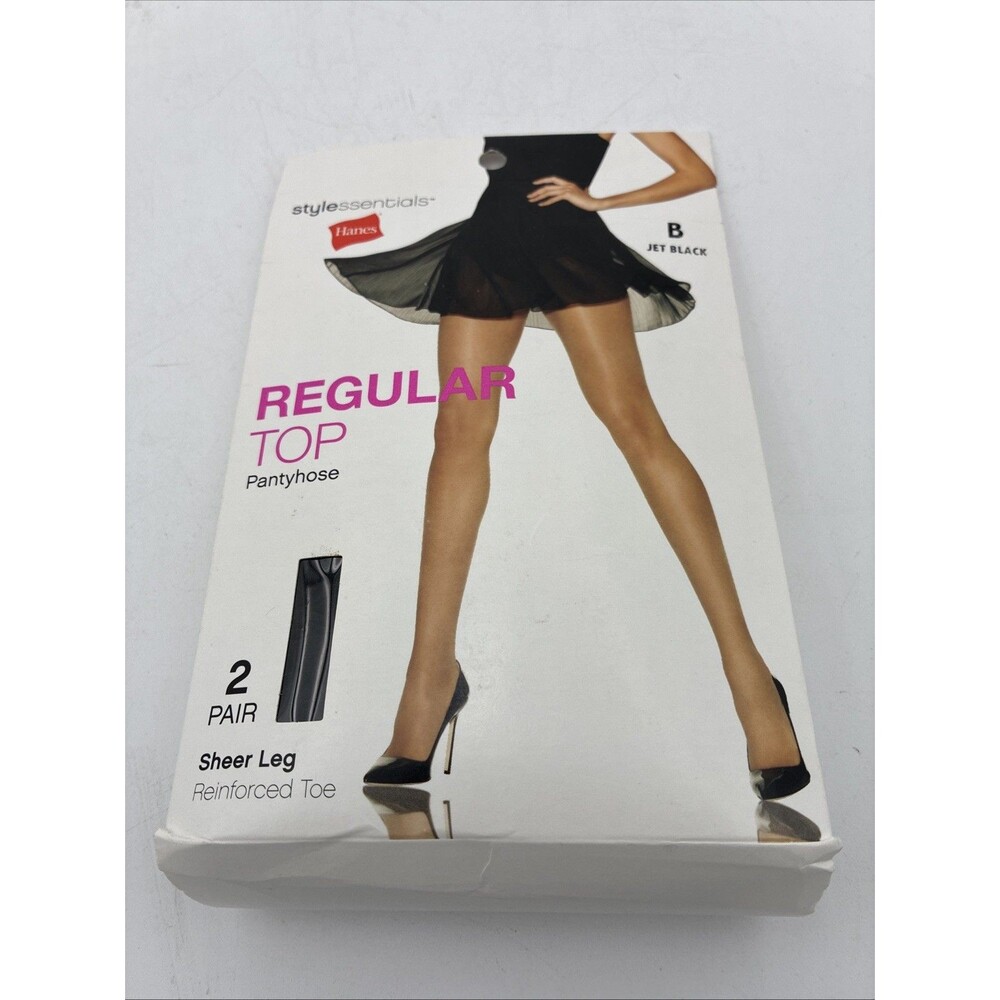 Hanes Regular Top Pantyhose Reinforced Toe Sheer Leg Size B jet black  (2 Pair)